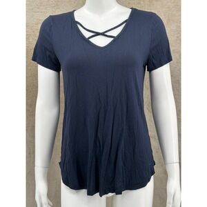 Emory Park Top Womens Medium Navy Crisscross V-Neck Short Sleeve Casual Everyday